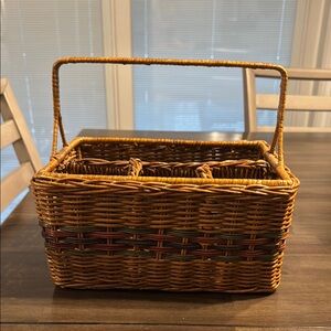 Brown and Green Woven Basket with Handle and Compartments